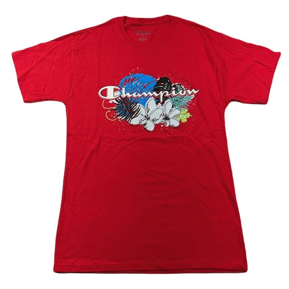 Champion Floral Outlines Logo Graphic T-Shirt Mens Medium Scarlet Red NEW - Picture 1 of 6